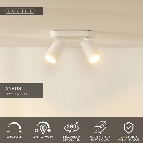 Lucide XYRUS - Spot plafond - LED Dim to warm - GU10 - 2x5W 2200K/3000K - Blanc - USP